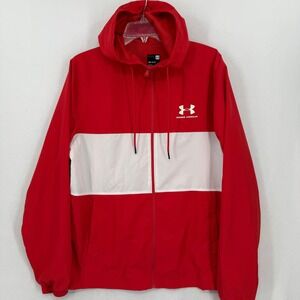 Under Armour Mens Red White Sportstyle Windbreaker Jacket Hoodie 1329297 Medium